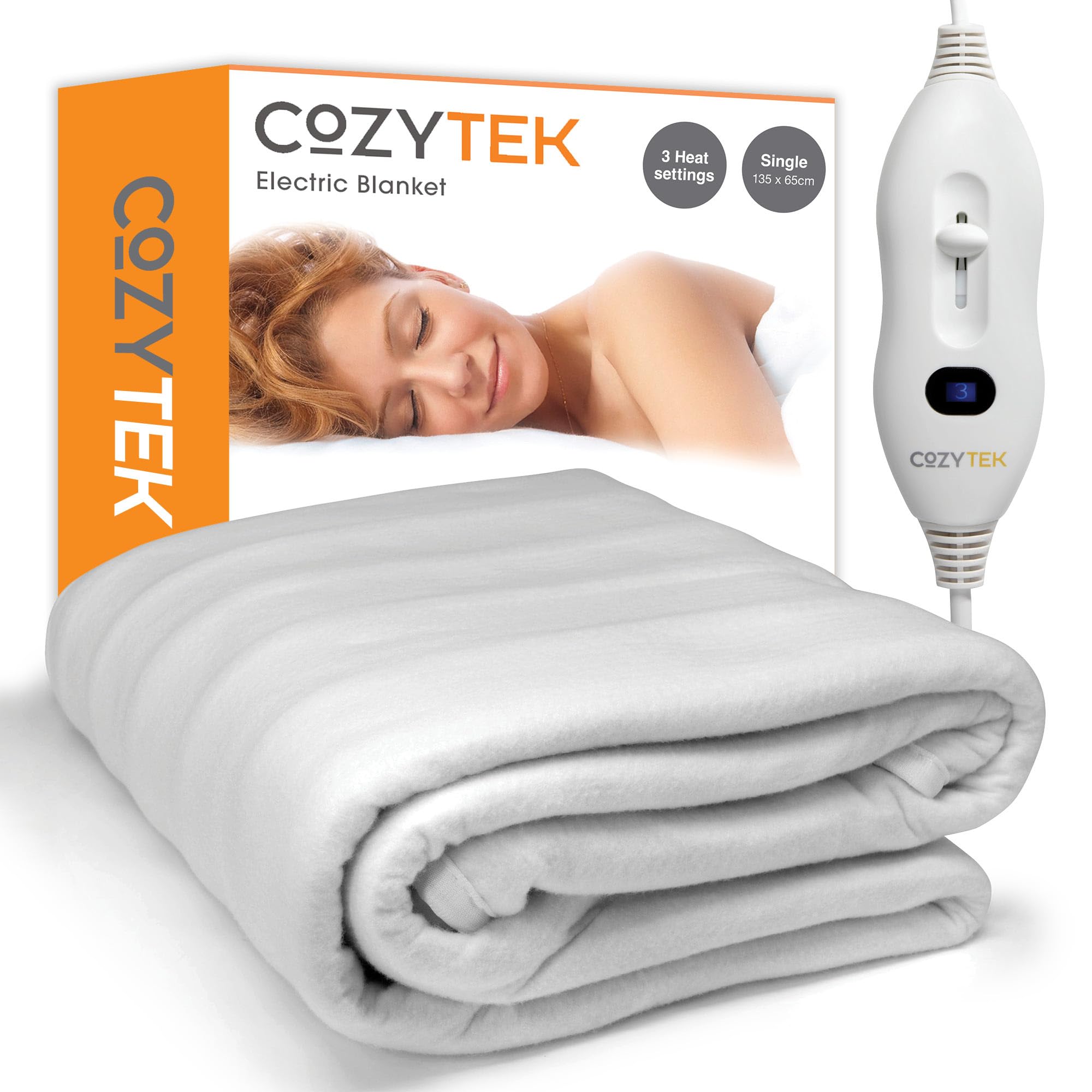 Cozytek Single Electric Blanket 135 x 65cm, Soft Polyester Electric Blanket Fitted Underblanket Mattress Cover, 3x Heat Settings, 1x Controller and Machine Washable Heated Blanket