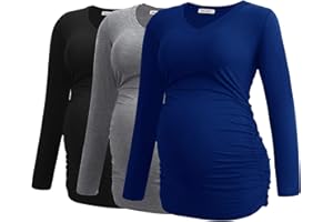 Smallshow Women's V-Neck Maternity Shirt Clothes Long Sleeve Ruched Pregnancy Top