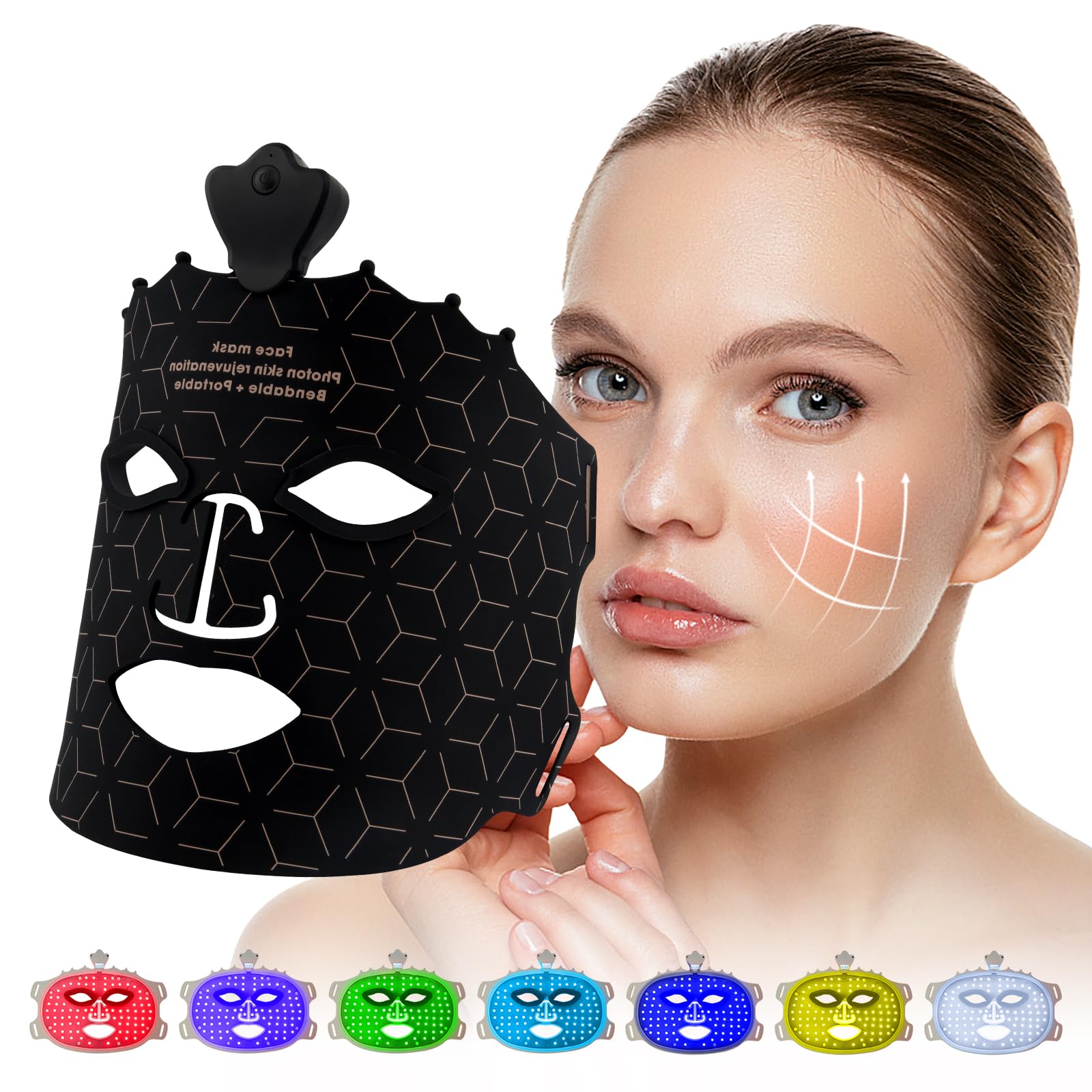 USUIELIGHT 7 Color Red Light Therapy Mask, Wireless LED Face Mask Light Therapy with Eye Protection Cushion, Lightweight Soft Silicone Red Light Therapy for Face, Black