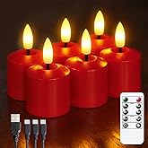 Mavandes Rechargeable Small Flameless Tea Light Candles with Remote Function, LED Votive 2/4/6/8 Hours Timer Red 1.5" x2.5" Mini Plastic Set of 6 Tealight (Charging Cable Included)