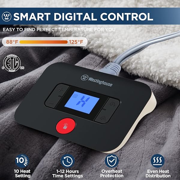 WESTINGHOUSE ELECTRIC BLANKET FULL, HEATED BLANKET FULL SIZE WITH 10 HEATING LEVELS AND 1 TO 12 HOURS HEATING TIME SETTINGS, FLANNEL TO SHERPA REVERSIBLE, MACHINE WASHABLE (80″ X 84″, CHARCOAL)