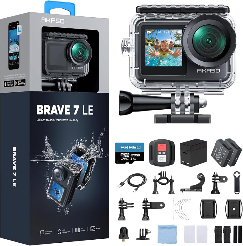 AKASO Brave 7 LE Action Camera 4K 20MP 128GB Card Dual Screen WiFi Remote