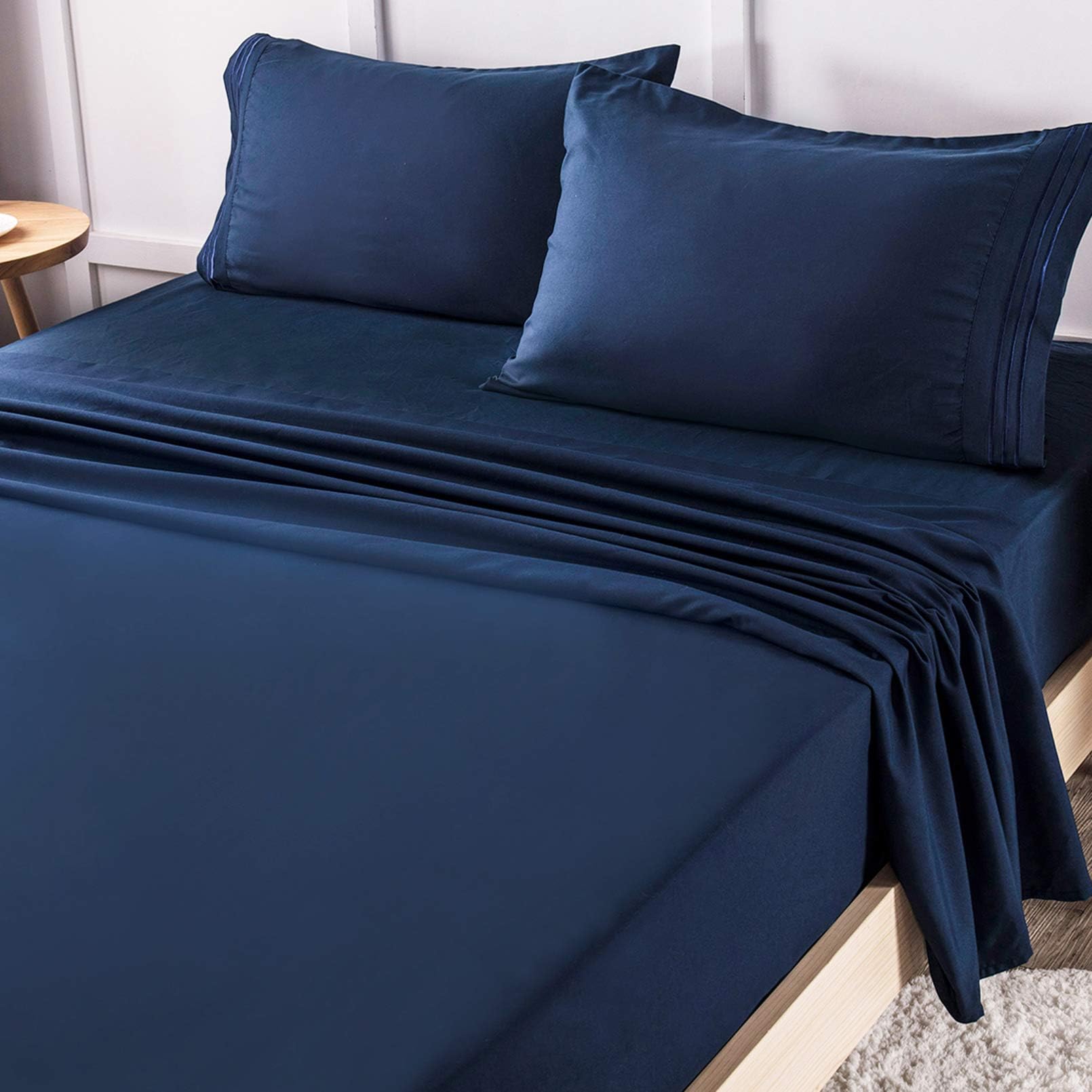 LIANLAM King Bed Sheets Set - Super Soft Brushed Microfiber 1800 Thread Count - Breathable Luxury Egyptian Sheets 16-Inch Deep Pocket - Wrinkle and Hypoallergenic-4 Piece(King, Navy Blue)