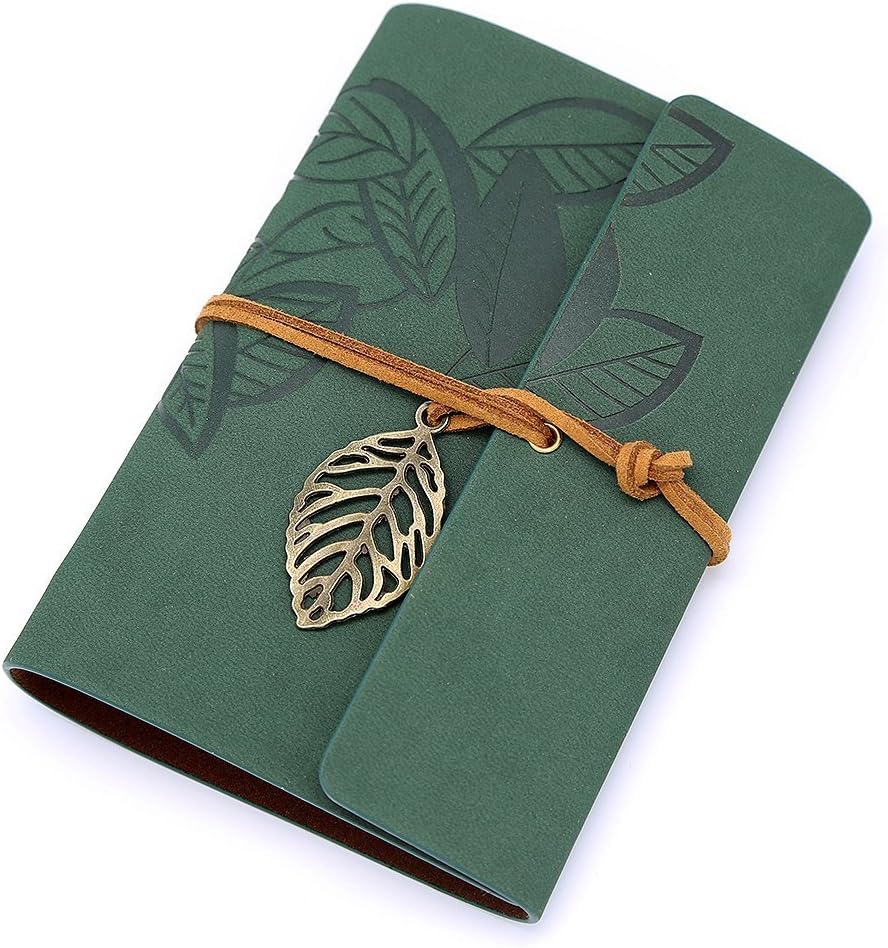 Kingdommax Vintage Leaf Leather Cover Loose Leaf Blank Notebook Journal Diary Gift (Dark Green)