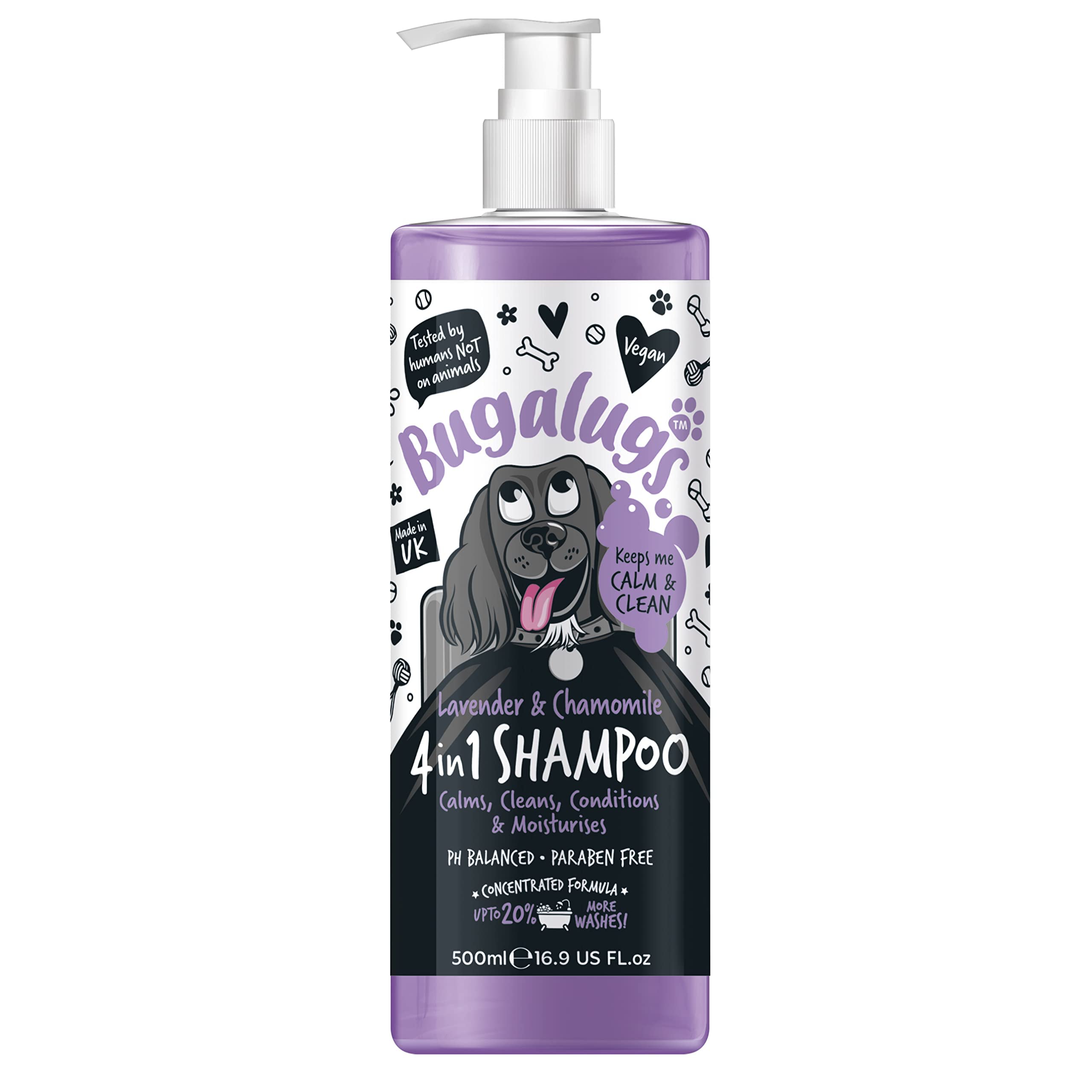 Bugalugs 4 in 1 Dog Shampoo - Lavender & Chamomile for Smelly Dogs, Puppies - Professional Groom, Vegan Pet Conditioner