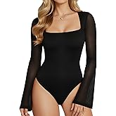 MANGOPOP Women's Square Neck Bell Sleeve Bodysuit Mesh Double Lined Body Suits Trend Going Out Tops Fall Outfits 2025