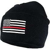 Thin RED Line American Flag Embroidered Cuff Beanie Hat