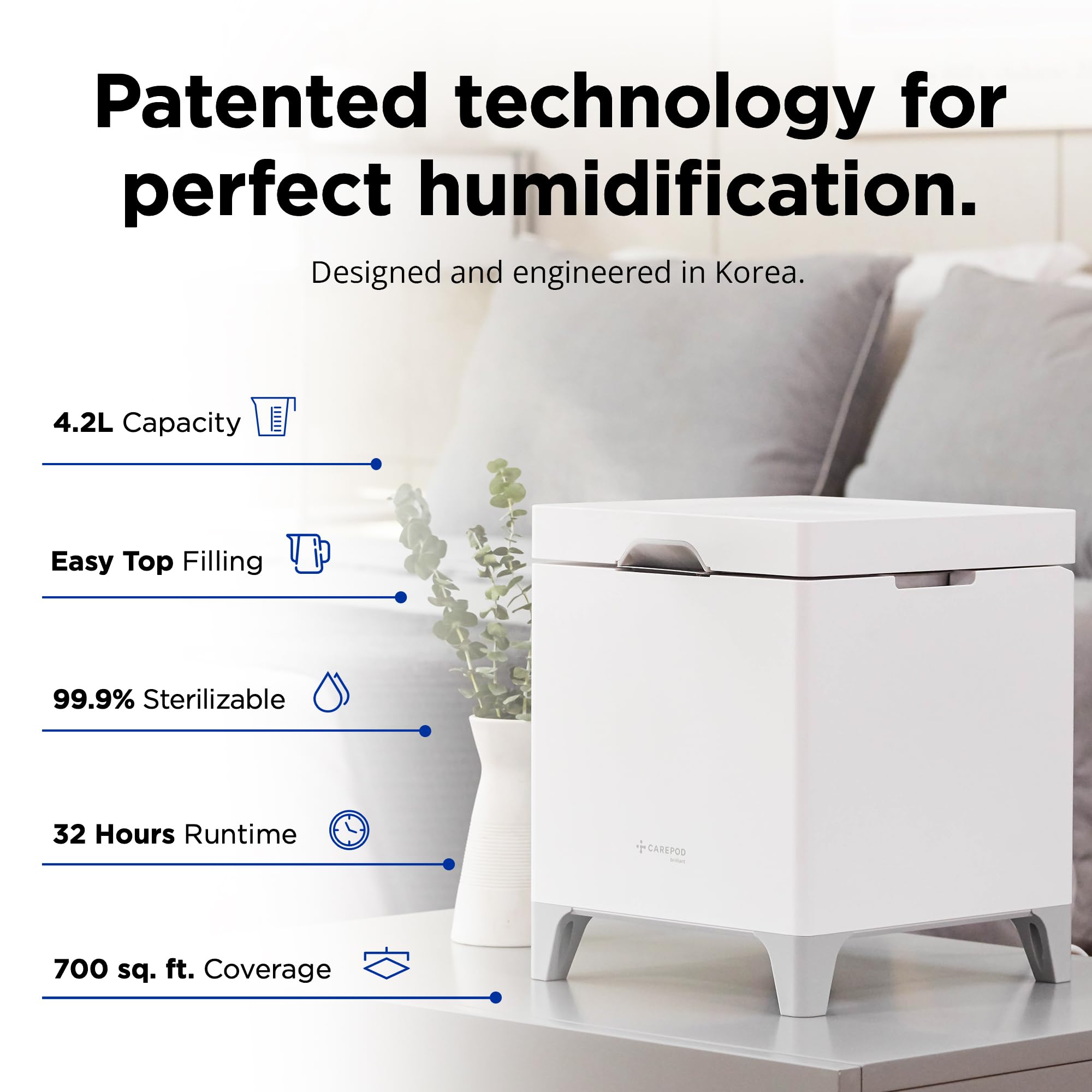 Carepod Cube Plus X50V Stainless Steel Humidifier - Easy to Clean, 3 Mist Level Settings, Auto-Humidity & Auto Shut-Off Feature, One Touch Built-in Sanitization, No Filters, Lasts 32Hrs (1.1Gal/4.2L)