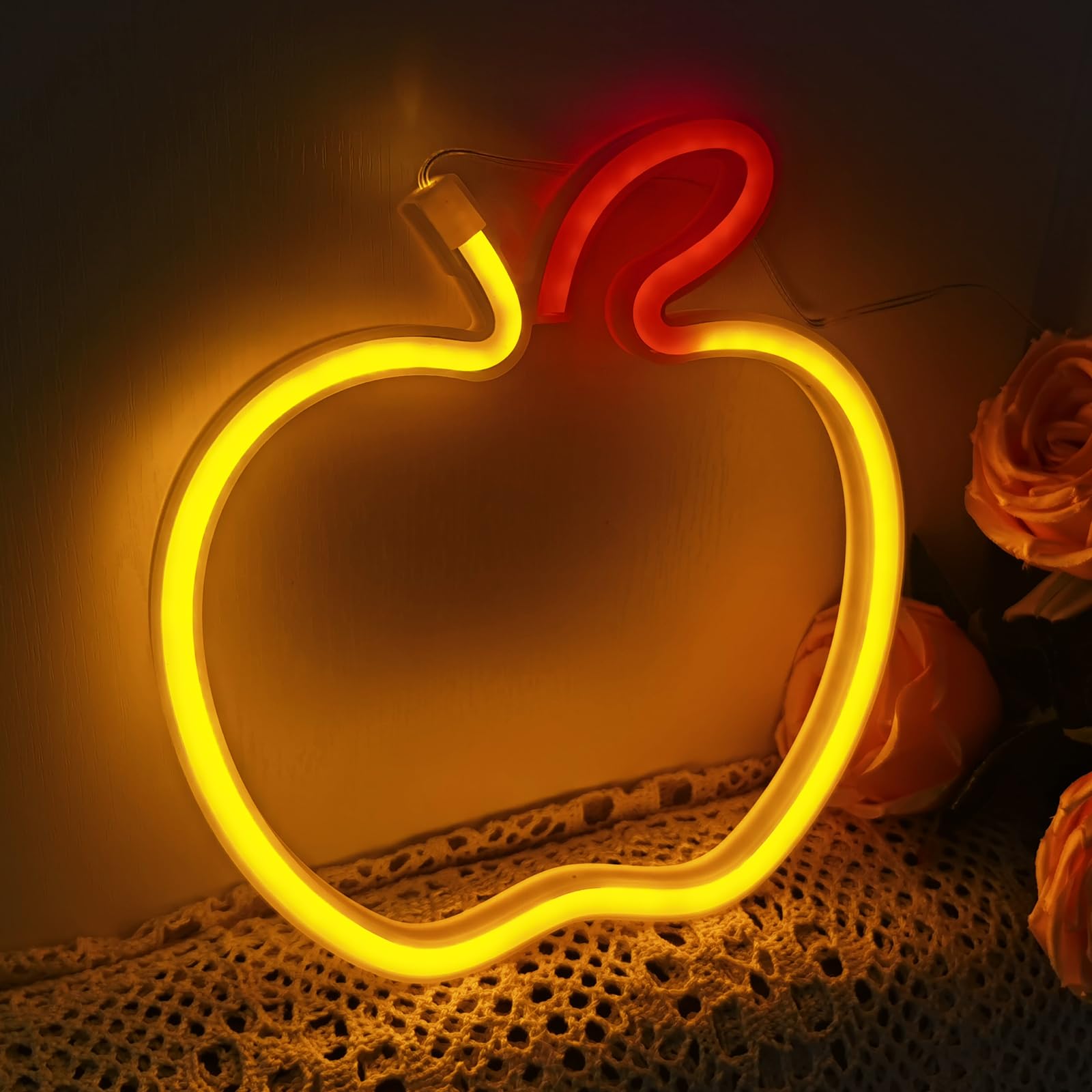 Apple LED Neon Light Sign for Party Supplies, Table Decoration,Aesthetic Night Lights Wall Art Neon Lamps for Dorm,Valentine'sDay,(3.5V,Yellow+Red)