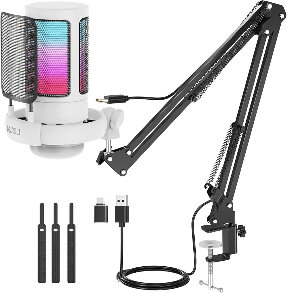 NJSJ USB Gaming Microphone Kit with Boom Arm RGB Monitoring Jack