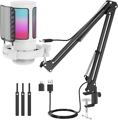 NJSJ USB Gaming Microphone Kit with Boom Arm RGB Monitoring Jack
