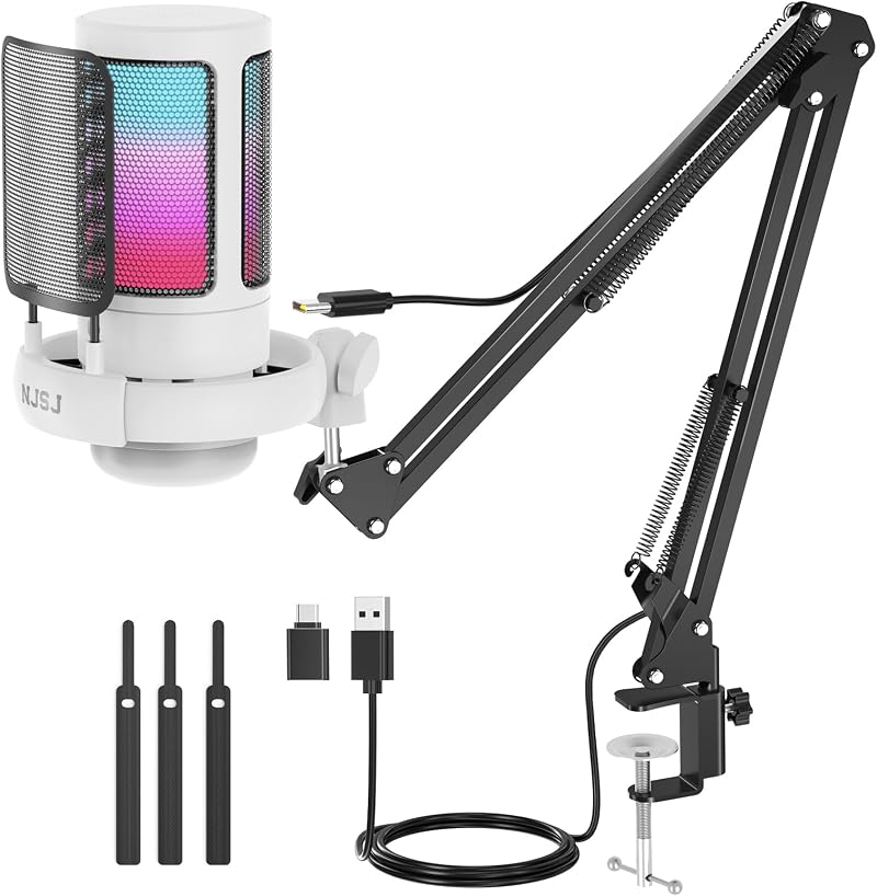 NJSJ USB Gaming Microphone Kit with Boom Arm RGB Monitoring Jack