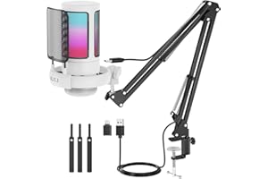 NJSJ USB Gaming Microphone for PC Computer, Condenser Mic with Boom Arm Stand for PS4/ PS5/ Mac/Phone with Touch Mute, RGB Li