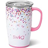 Swig Life 18oz Travel Mug, Insulated Tumbler with Handle and Lid, Cup Holder Friendly, Dishwasher Safe, Lightweight Stainless Steel Travel Coffee Cup, Glitter Tumbler, Glitter Gifts (Confetti)