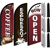 Mindsoft 3 Sets Coffee Espresso Now Open Cafe Advertising Flags, Classic | Coffee Advertising Feather Flag Kits, 7ft Cafe Advertising Feather Banners Sign with Flag Pole and Storage Bags