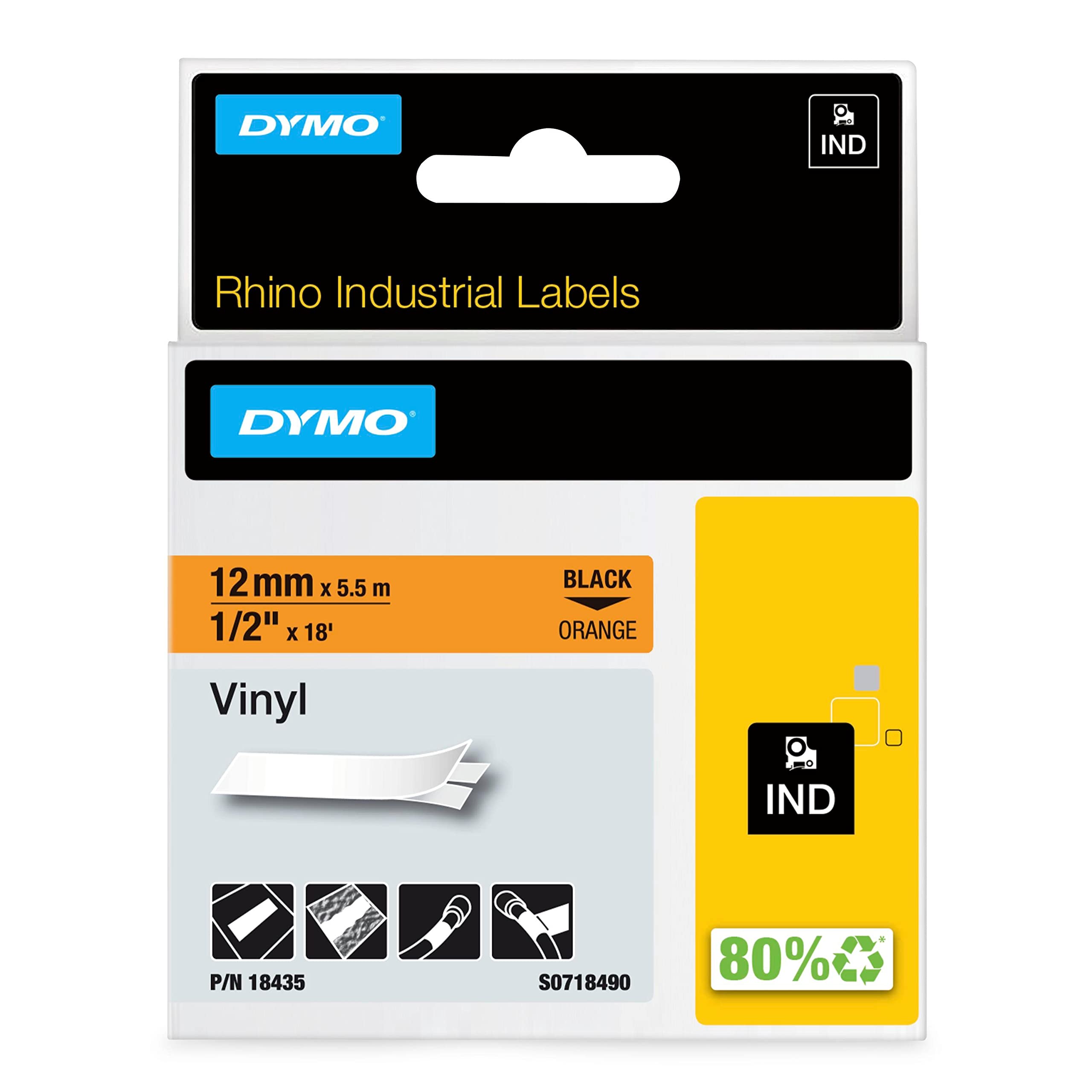 DYMO Rhino Industrial Vinyl Labels | 12 mm x 5.5 m | Black Print on Orange | Self-Adhesive | for Rhino & LabelManager Label Makers