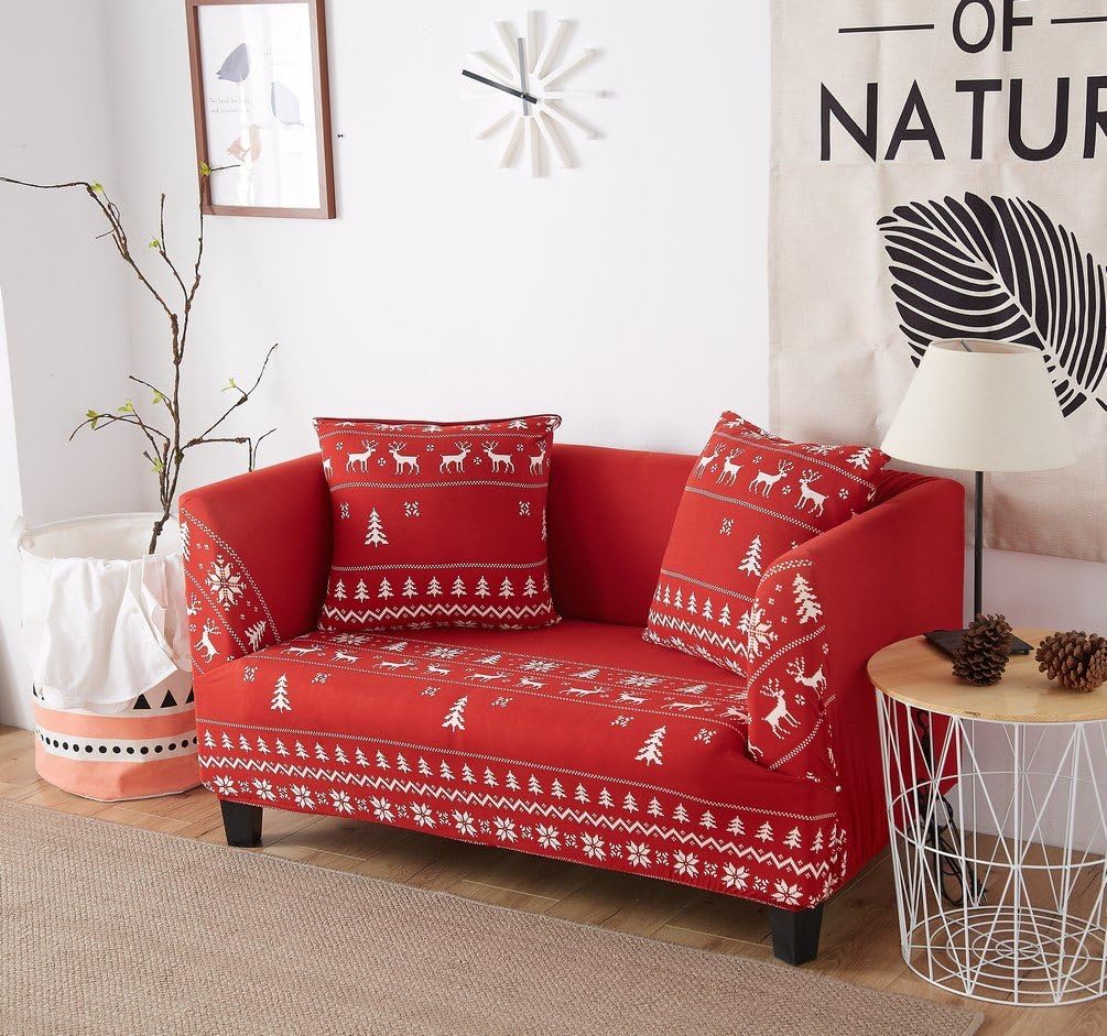 AbbeyTening Elk red Sofa Slipcover Sofa Covers Chair Covers Three-Seater Protectors Couch Covers Featuring Soft Form Fit Slip Resistant 74-90 Inch
