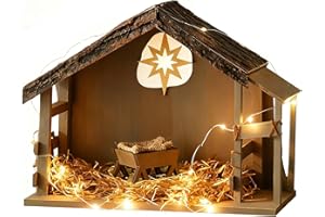 Storieme Nativity Stable with LED Lights: 15.6 x 11.02 Inch Christmas Wooden Manger Creche for 7 & 8 Inch Holy Family Figures - Farmhouse Religious Xmas Decorations (Stable Only)