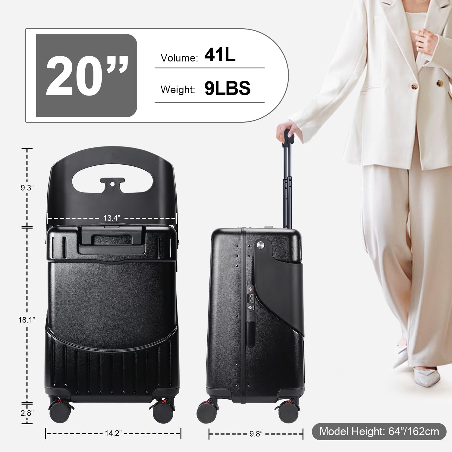 MRPLUM Ride On Luggage with Seat for Kids&Adults with Seat Belt,Hard Shell Lightweight Rolling Spinner Wheels Travel Luggage with TSA Lock, 20 inch,Black