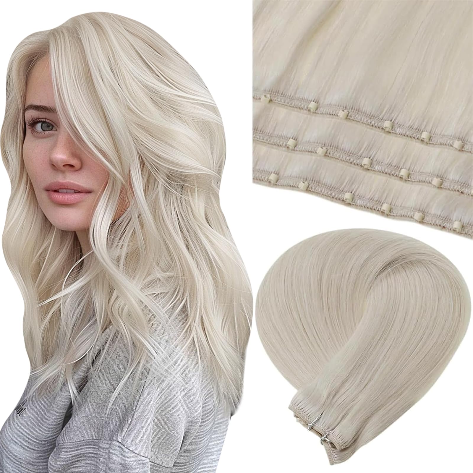LaaVoo Beaded Weft Hair Extensions Human Hair Weft Hair Extensions Micro Beaded Platinum Blonde 16inch 50g — image 1