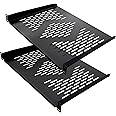 RIVECO 2 Pieces 1U Rack Shelves 19” Tray Cabinet Mount Vented Cantilevers for Network Equipment Shelf Mounting, 14 Inches 35CM Depth, Black 2PCS