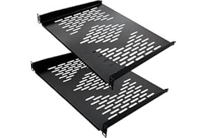 RIVECO 2 Pieces 1U Rack Shelves 19” Tray Cabinet Mount Vented Cantilevers for Network Equipment Shelf Mounting, 14 Inches 35CM Depth, Black 2PCS