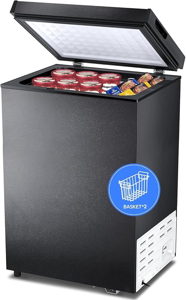 Kismile 3.2 Cubic Feet Chest Freezer, Small Deep Freezer for Home, Black | 2 Removable Basket, Adjustable Temperature, Free S