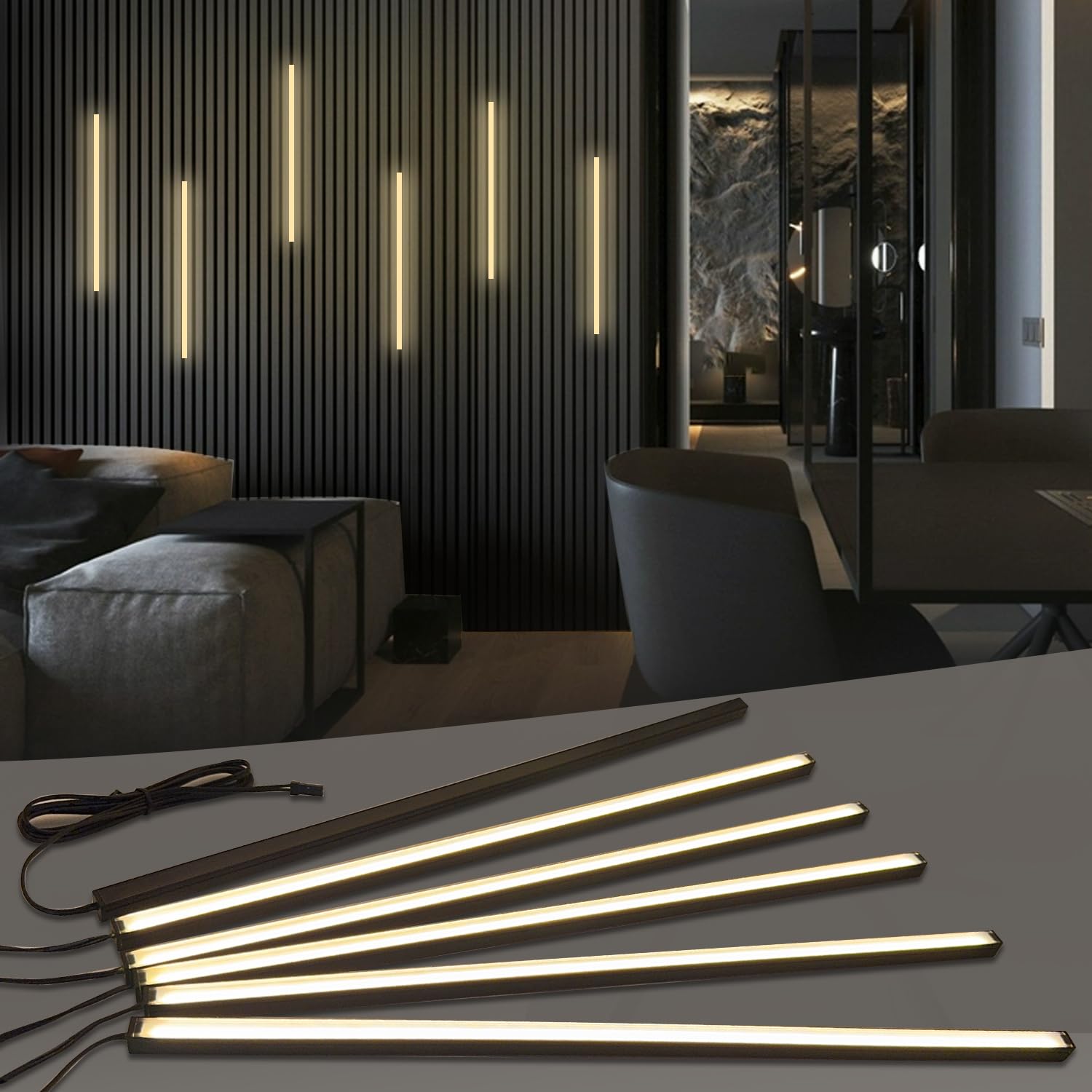 Photo 1 of HAMRVL Black LED Recessed Lighting Kit - 6 PCS 16-Inch 3000k Dimmable Warm White LED Lights with Touch Switch, Wall Panel Light for Wood Slat Wall Panels, Headboards, Stairs, Under Cabinet, Home Decor