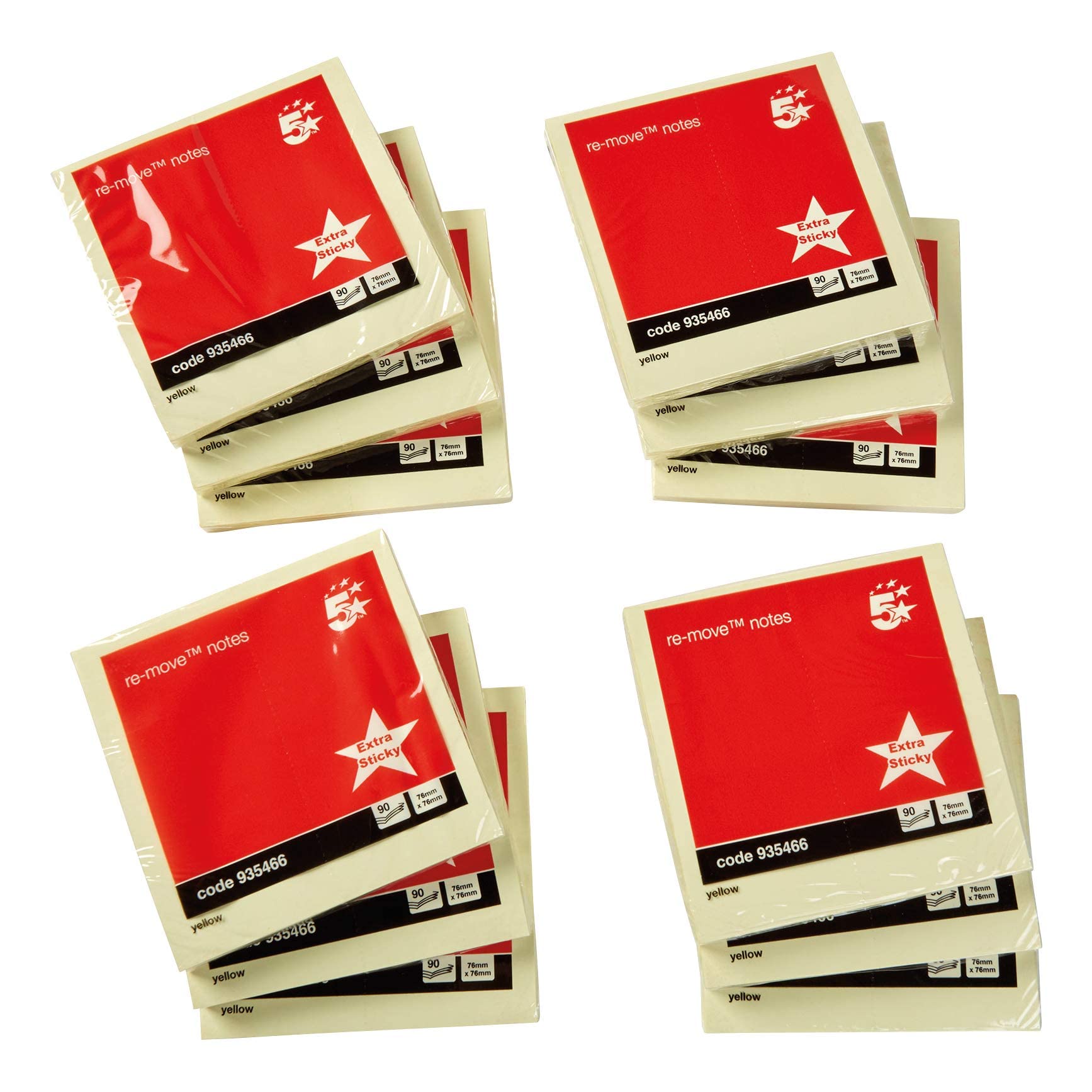 5 Star Extra Sticky Re-Move Notes Pad of 100 Sheets 75x75mm Yellow [Pack 12]