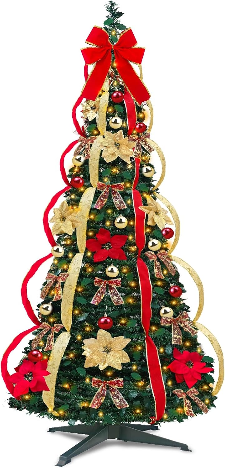 Trees - 6 Ft Prelit Full Christmas Tree Decor Pop up Xmas Tree 200 Warm Lights,24 Ornaments,Red&Gold Ribbon,15 Flowers,19 Bows,UL Plug Powered,Fire-Resistant Collapsible Outdoor Indoor Holiday Party Decor