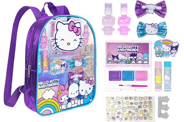 Hello Kitty and Friends Makeup Filled Backpack Set with 12 Pieces, Including Lip Balm, Nail Polish, Nail File, Hair Bows, and