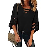 luvamia Women Casual Strappy V Neck Blouse 3/4 Bell Sleeve Mesh Panel Shirts Top