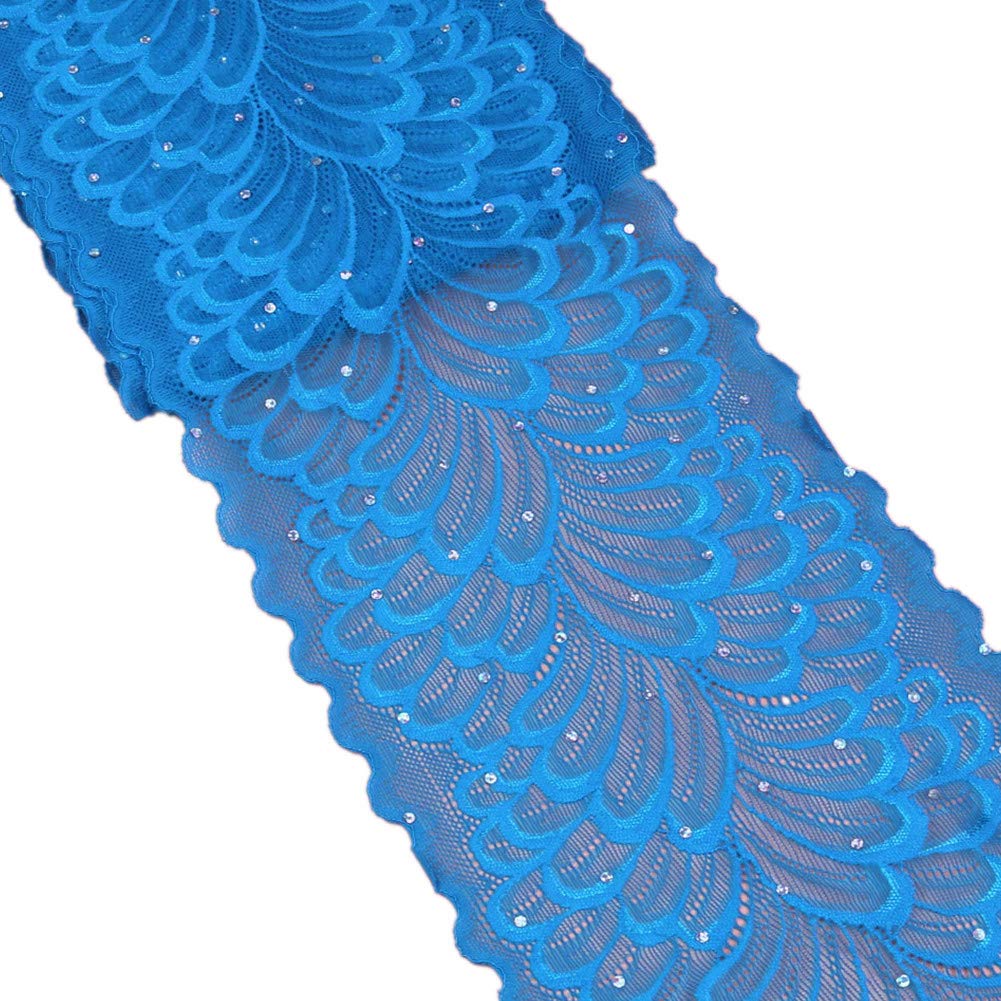 5 Yards Peacock Lace Ribbon with Sequins Stretch Floral Tulle Lace Trim Elastic Webbing Fabric Width 18cm for DIY Jewelry Making Craft Gift Wrapping Wedding Party Decor (Royal Blue)