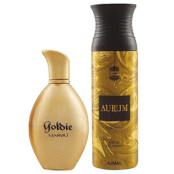 Maryaj Goldie Eau De Parfum Fruity Floral Perfume 100ml for Women and Ajmal Aurum Femme Deodorant Fruity Floral Fragrance 200ml for Women + 2 Parfum Testers FREE