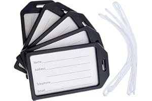 5 Pack - Premium Rigid Airline Luggage Tag Holders with 6" Worm Loops - Heavy Duty Hard Plastic -Suitcase ID Tag Identifiers with Business Card Insert Window by Specialist ID (Black)