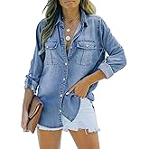 Sidefeel Women's Denim Top Long Sleeve Jean Shirt Button Down Denim Shirt