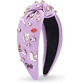 Music Jeweled Knotted Headband for Women, Guitar Red Lip Microphone Rhinestone Crystal Embellished Top Knot Hairband, Fashionable Hair Accessories for Singer Fans Birthday Concert Gift (Purple)