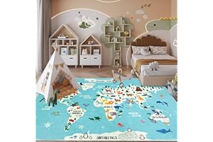 Lacomfy Kids Rug 5x8Ft Animal World Map Play Carpet Mat for Boys Girls Bedroom Classroom Large Washable Nursery Rug for Crawling Playroom Rug, Blue