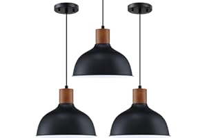 DOLAIMY HOUSE 3 Pack 1 Light 10" Vintage Kitchen Island Pendant Light Fixtures,Industrial Hammer Metal Hanging Light Rubber Wood Black Finish Pendant Lamp,Farmhouse Dining Room Over Sink