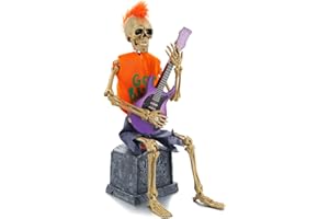 Gorrzai Halloween Decorations Animated Skeleton Guitarist on Tombstone, Tabletop Animatronics Mohawk Hairstyle Rock Star with Guitar Halloween Decor Battery Operated - 13"
