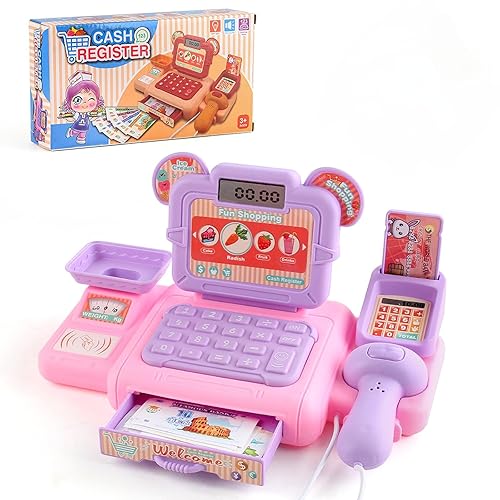 Falafoty Kids Toy Till Cash Register with Scanner/Credit Card/Play Money,Toddler Supermarket Pretend Role Play Shopping Toy Playset for Boys Girls Age 3+ Learning Toy,Imaginative Play Toy Gift (Pink)