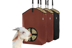 MIYABALA 3 Packs Goat Hay Feeder,Hay Bags for Goats,Horses,Sheep,Premium 600D Oxford Cloth,with Metal Fastener and Adjustable Open Feed Hole for Slow Feeding. (2Brown + 1Black)