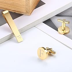 LOYALLOOK Gold Initial Cufflinks and Tie Clip Set
