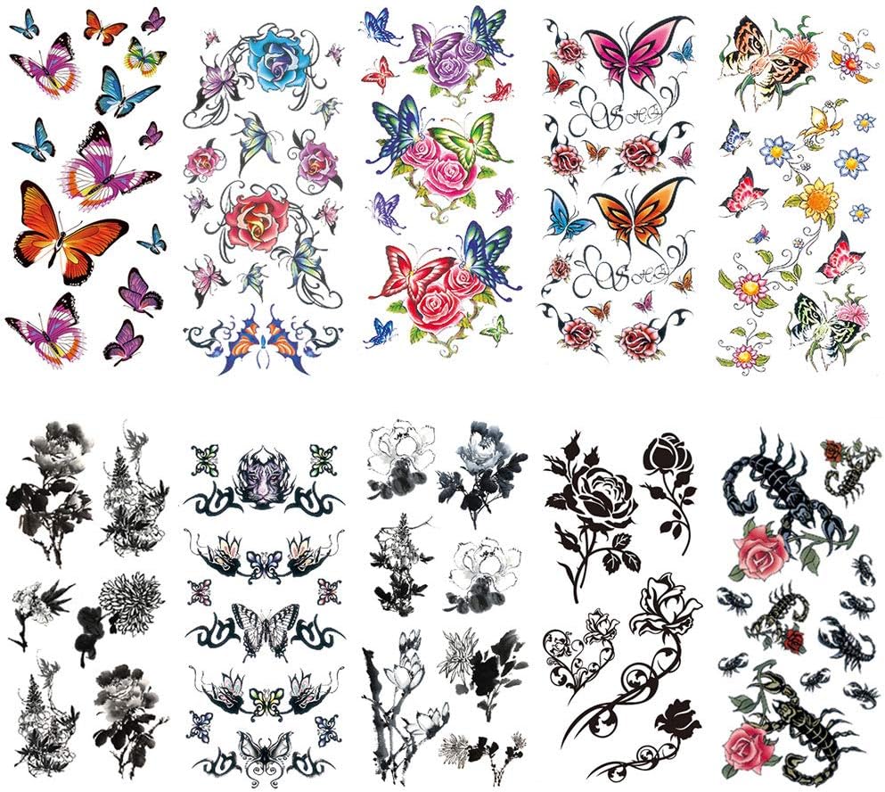 Amazon Co Jp Lattcure タトゥーシール タトゥーステッカー 刺青シール 蝶 花 バラ 薔薇 長持ち 防水 ボディーシール レディース 足 体 胸 肩 背中に簡単貼る 10枚セット ビューティー