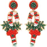 Urwomin Christmas Beaded Earrings Handmade Candy Cane Snowman Gingerbread Man Drop Dangle Earrings Festive Holiday Beaded Earrings Jewelry for Women Girl Gift Multicolor