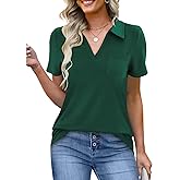 ANAJONRI Women's Polo Shirts Collared Work Tops Short Sleeve Business Casual Dressy Blouses Summer Tops with Pocket