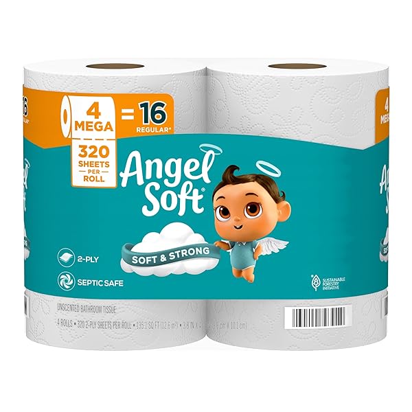 ANGEL SOFT TOILET PAPER, 4 MEGA ROLLS = 16 REGULAR ROLLS, SOFT AND STRONG TOILET TISSUE