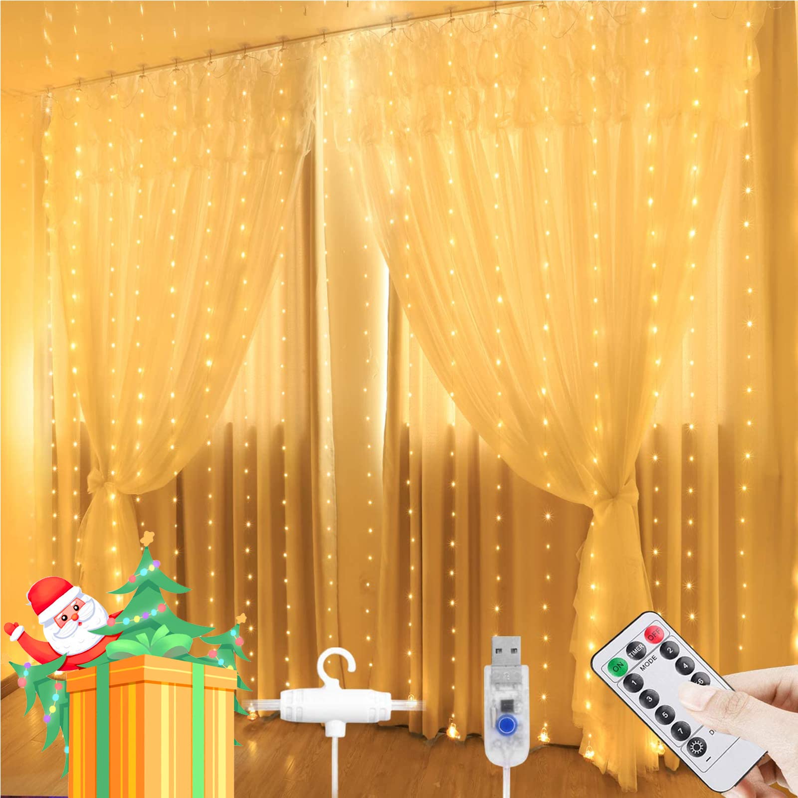 AIGUMI Curtain Fairy Lights, 3m×3m 300LED Christmas Hanging Fairy Lights, Curtain Lights Indoor with 8 Modes Remote Control, Waterproof Fairy Light Curtain for Christmas Party Bedroom (Warm White)