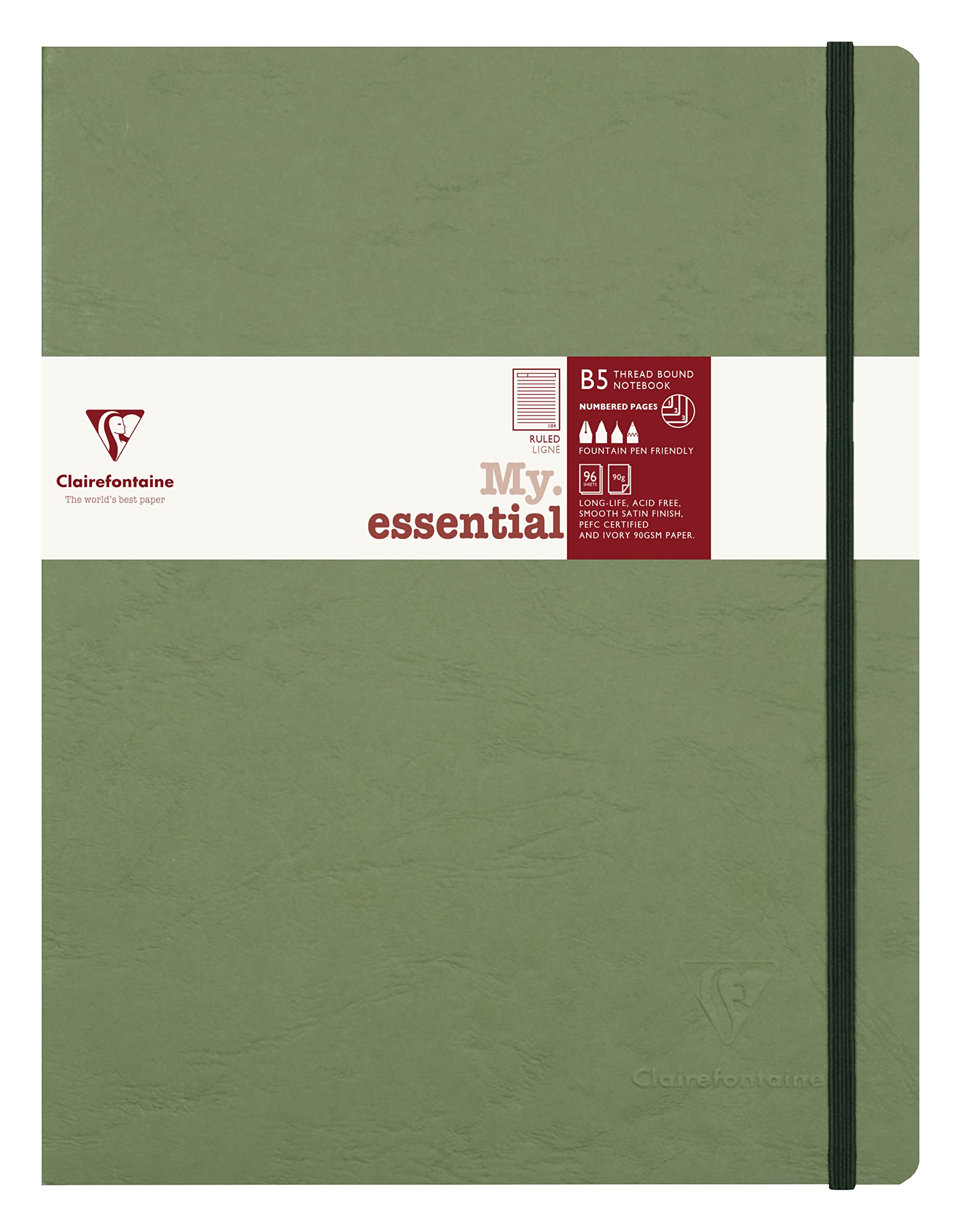 Clairefontaine 794463C Collection Age Bag MyEssential Stitched Notebook Green - B5 19x25cm - 192 Numbered Lined Pages - 90g Ivory Paper - Leather Hardcover
