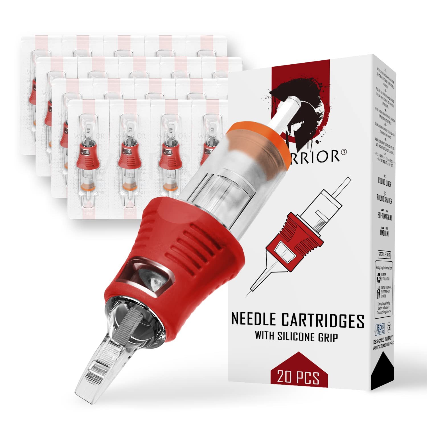 WARRIOR PRO Tattoo Needle Cartridges with Silicone Rubber Handle Sterilized Tattoo Needle Cartridge Magnum Soft Curve 20pcs Japanese Steel Permanent Makeup PMU(0.30MM-1027CM)